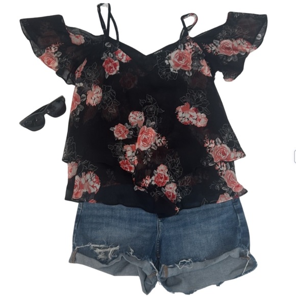 Torrid Black and Pink Floral Cold Shoulder Blouse - Picture 1 of 3